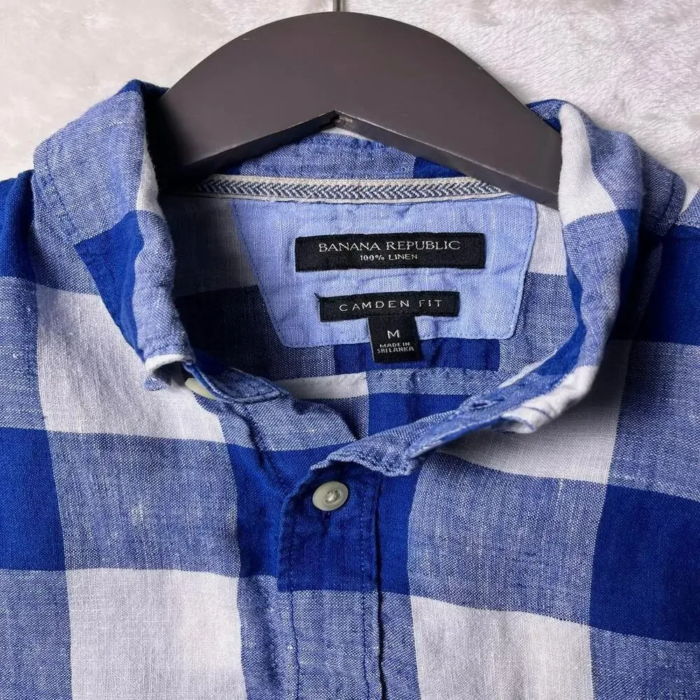 Banana Republic 100% Linen Camden Fit Button Up Shirt Men's M Checker Plaid